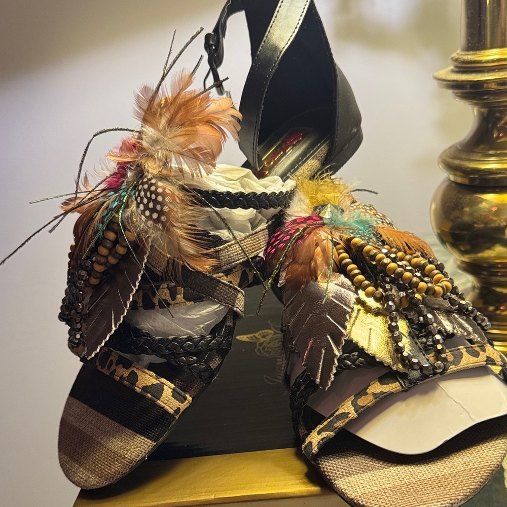 Leather and textile Feather Embellished Sandals with  feather and beading detail